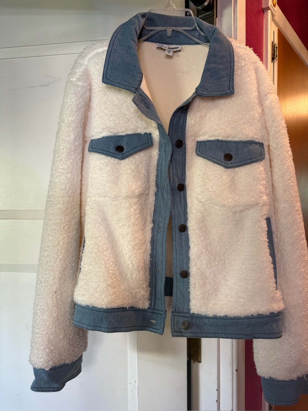 Sherpa Jacket with Denim Trim - White and Light Blue. Brand new